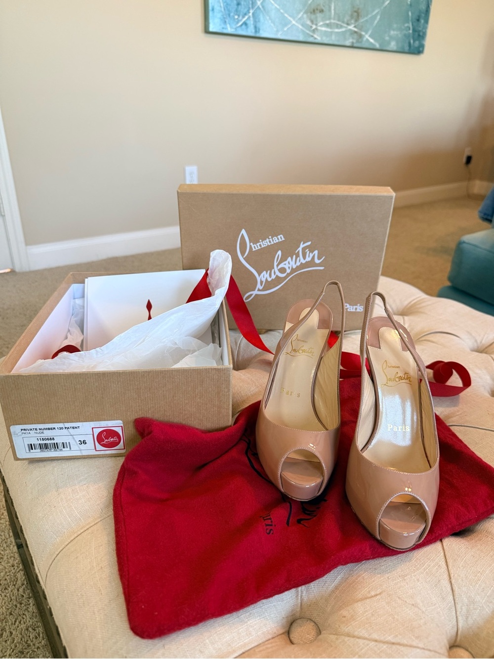 Christian Louboutin Nude Patent Peep-Toe Slingback Heels